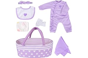 Aori 7 Pcs Reborn Baby Dolls Clothes with Bassinet for 17-22 Inch Baby Doll, Purple Carrier Bed and Baby Doll Clothes Accessories fit Newborn Girl Doll
