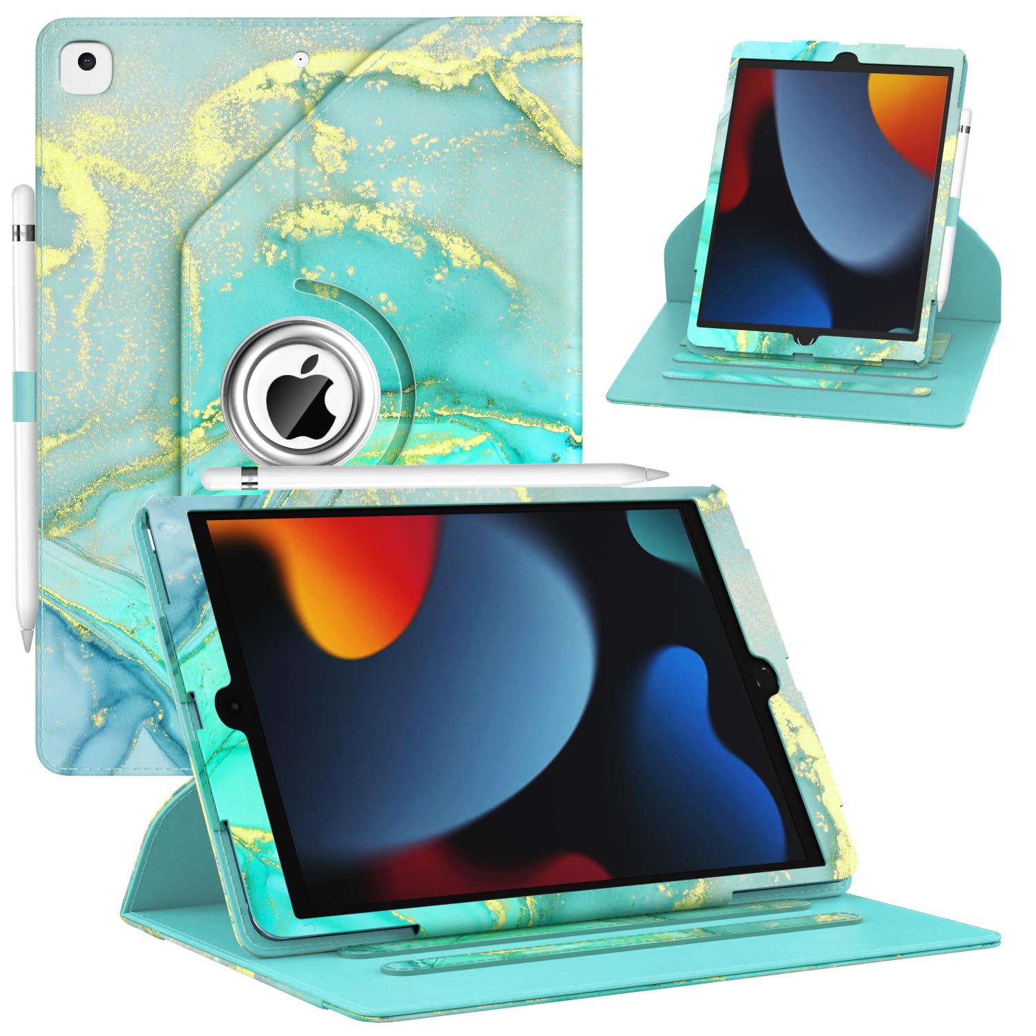 ZoneFoker Case for iPad 9th/ 8th/ 7th Generation, iPad 10.2 inch Case 2021/2020/ 2019, 360 Degree Rotating Stand, iPad 9 8 7 Gen 10.2'' Leather Cover with Pocket Design & Pencil Holder, Marble Green
