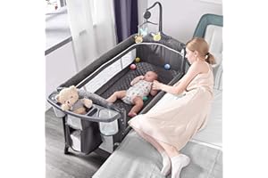 ADOVEL Baby Bassinet Bedside Crib, Pack and Play with Mattress, Diaper Changer and Playards from Newborn to Toddles, Grey