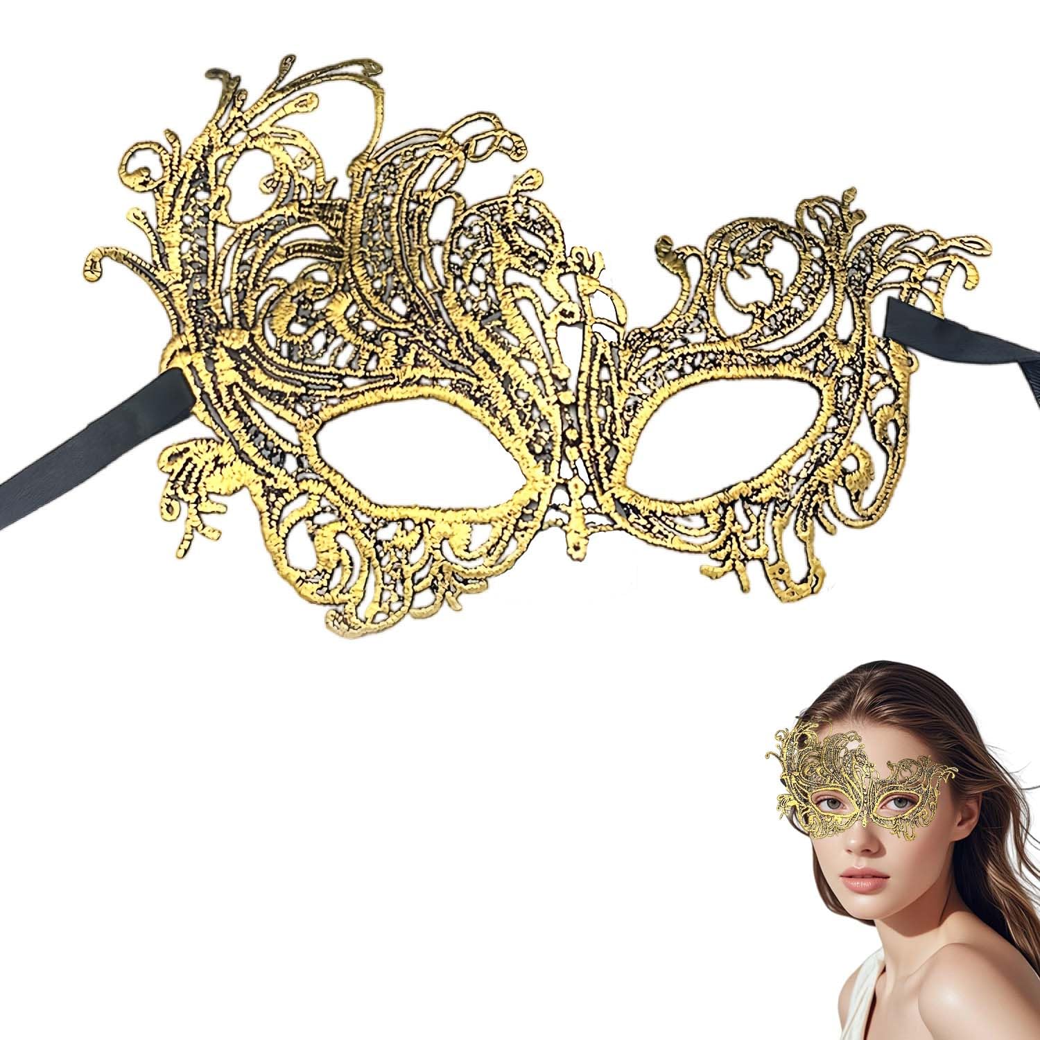 SHIFANQI Masquerade Mask for Women, Half Face Masquerade Venetian Ball Masks, Ladies Elegant Lace Eye Mask for Party, Prom, Carnival,Halloween, Mardi Gras, Cosplay Costume, Gold