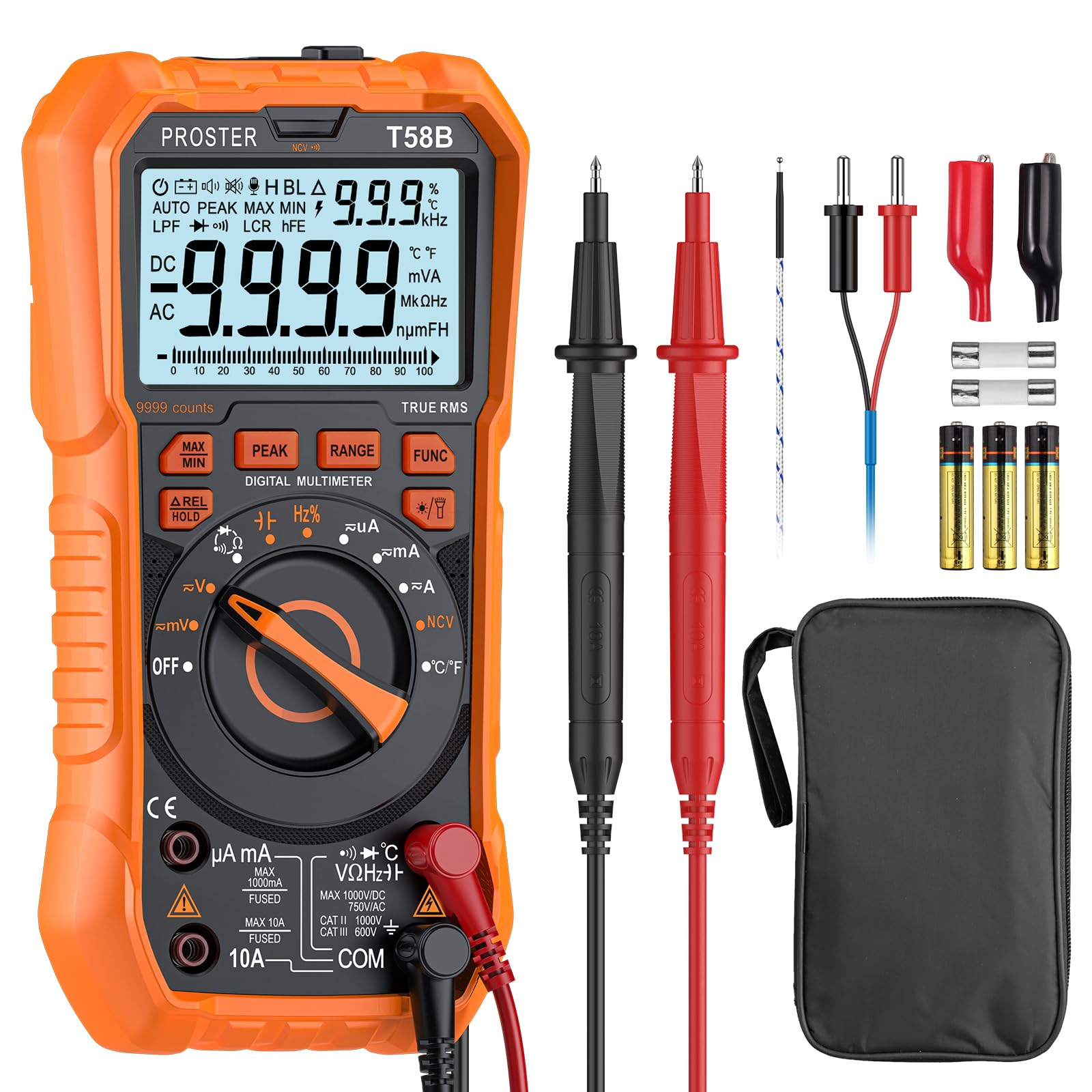 Proster Digital Multimeter True RMS - 9999 Counts Auto Ranging Multimeter Tester, AC DC Voltage Current Meter with NCV, Continuity, Backlight, Temperature, Capacitance, Test Meter Electrical