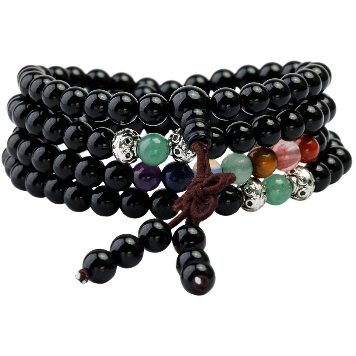 KYEYGWO 108 Prayer Mala Beads Wrap Wrist Bracelet for Women & Men, Tibetan Buddhist Meditation Stone Necklace for Unisex Elastic, Black Agate