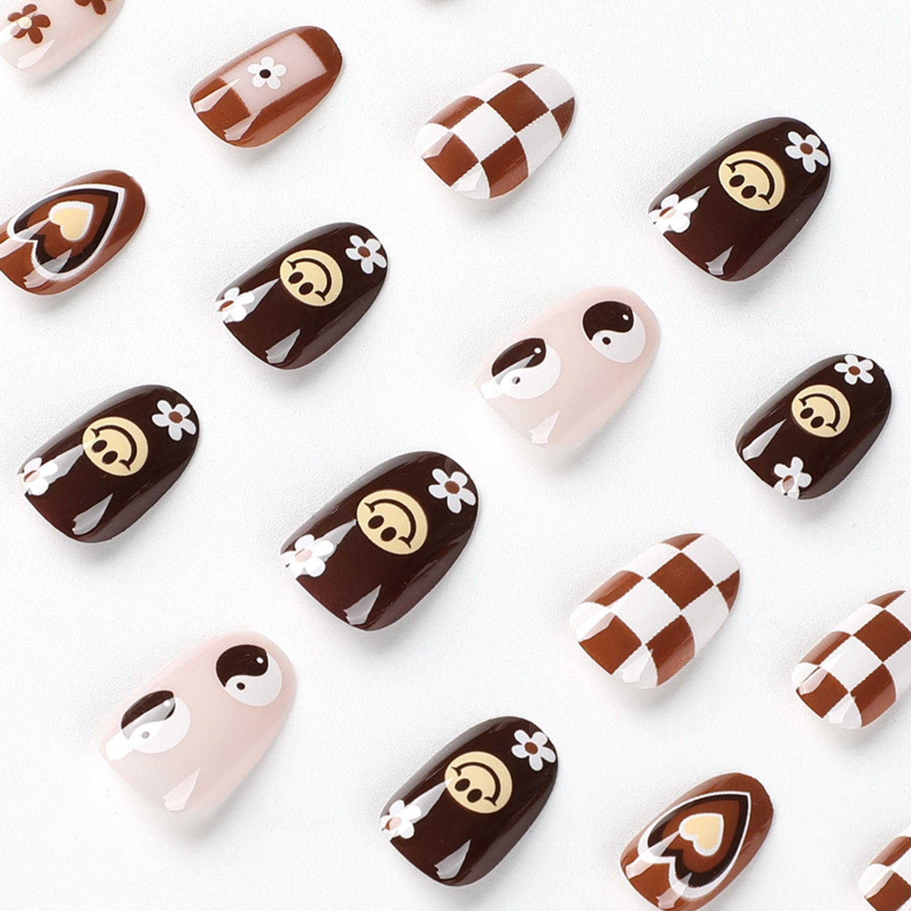 Short Press on Nails Fall Cute Face Fake Nails Winter Brown Oval Glue on Nails Glossy Coffee with Checkerboard Flower Heart Design Short Nails Full Cover French Tip False Nails for Women Girls - Image 3