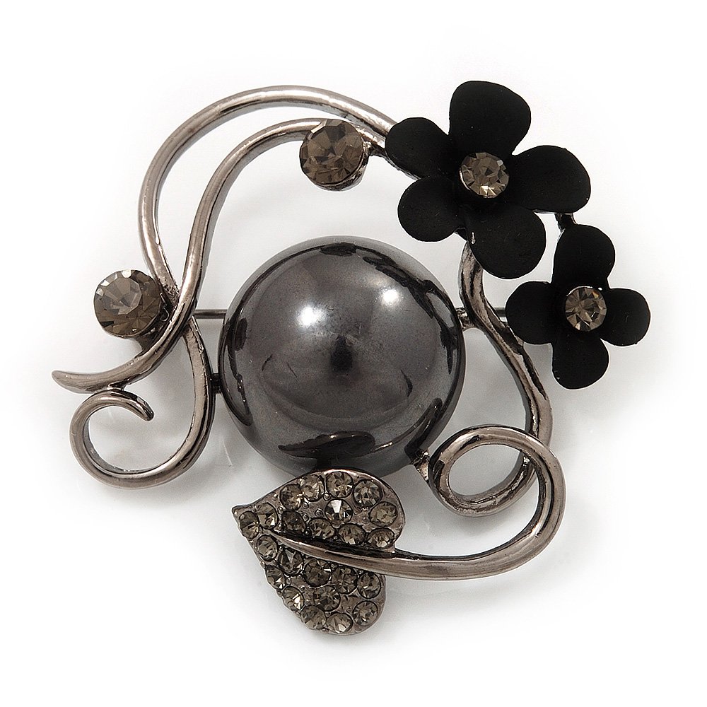 Black Tone Metal Floral Brooch - 4.5cm Diameter