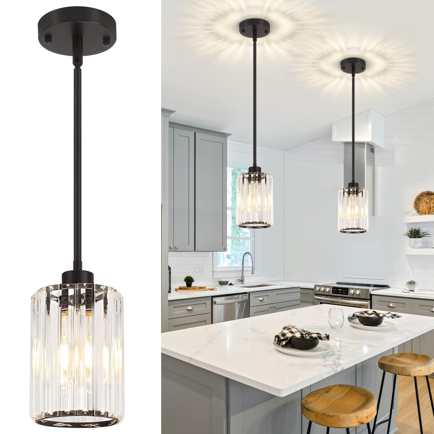 Photo 1 of ONLY 1 IN PACKAGE --------------------------------------------------------------------------------------------ZSMIHDOH 2 Pack Black Pendant Light, Modern Crystal Pendant Lights Kitchen Island Lighting, Hanging Light Fixtures Mini Chandelier Pendant Lights