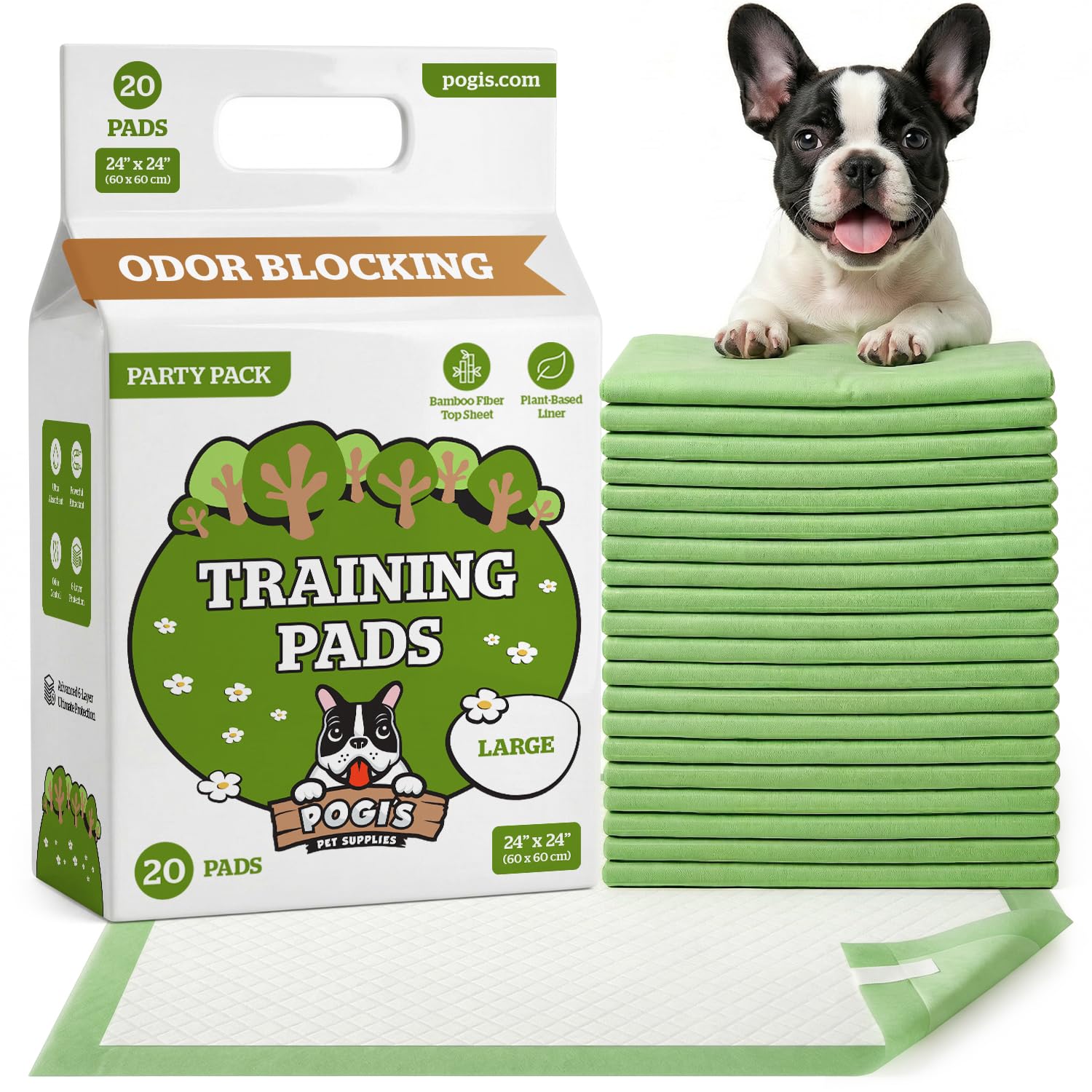 Pogi's Dog Training Pads with Sticky Tabs – Eco-Friendly, Odour Blocking & Super Absorbent – 20-Pack (60 × 60 cm)