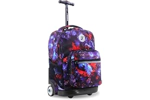 J World New York Sunrise Kids Rolling Backpack for Girls Boys Teen. Roller Bookbag with Wheels, Galaxy, 18"