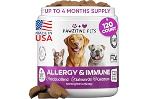 PAWZITIVE PETS Dog Allergy Relief Chews for Itchy Skin - Seasonal and Food Allergy Chews for Shedding, Licking Paws, Hot Spot, Ears - USA Product - Omega 3 Fish Oil Skin & Coat Supplement - Anti Itch Immune Treats