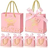 EQOREIIN Small Thank You Gift Bags 50pcs 5.5x2.5x4.7 Inches Small Gift Bags with Handles Bow Ribbon Pink Paper Bags for Party Favor, Mother's Day，Valentine's Day, Wedding, Baby Shower (Pink)