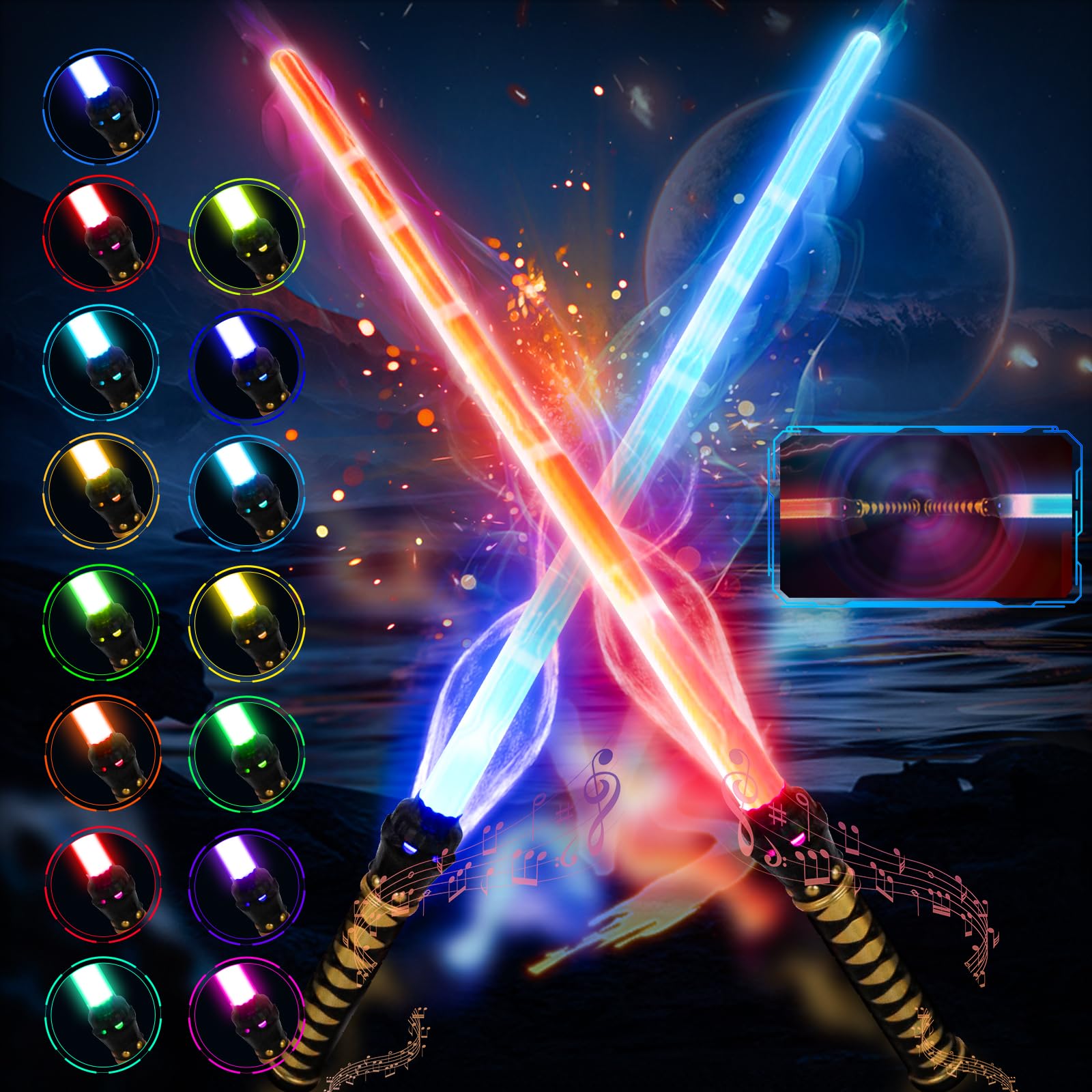 VATOS 2PCS Light Up Saber for Kids,15 Colours Changeable Light Sword with Sound Effects, 2 in 1 Retractable LED Light Up Saber Toy for Cosplay Parties Halloween Dress Up Parties Christmas