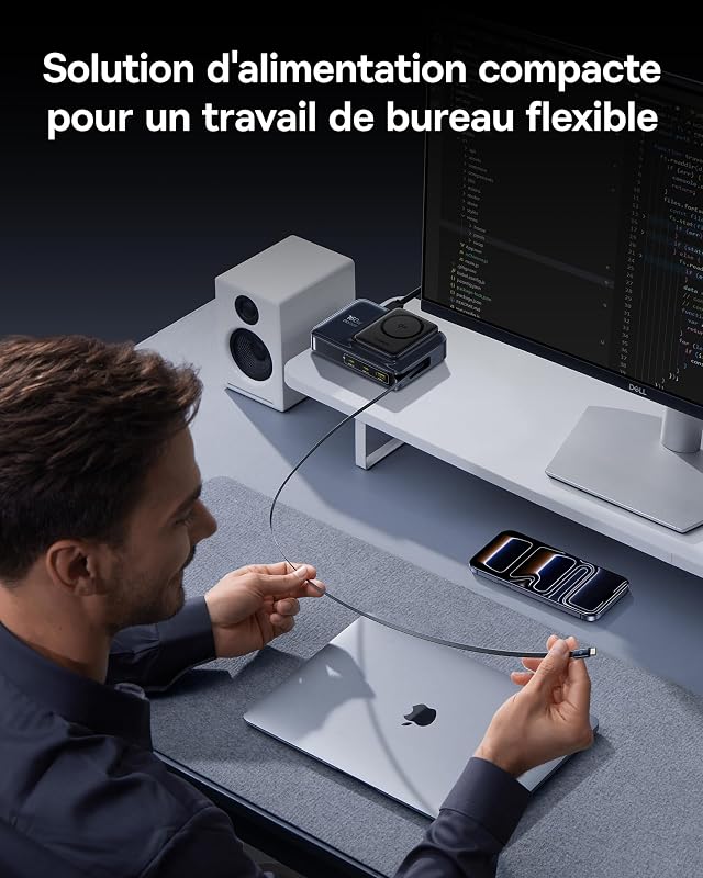 Chargeur USB C 160 W MagSafe Qi2 5-in-1, Station de Charge avec câble rétractable USB-C 100 W Compatible avec iPhone 12-17, MacBook Pro/Air, iPad Pro, etc.