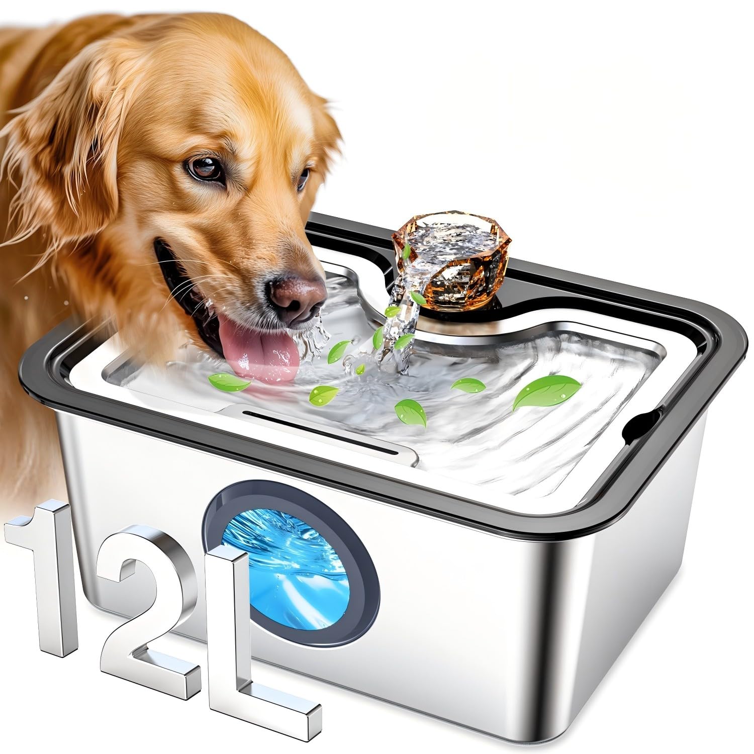 Photo 1 of Large Dog Water Fountain Stainless Steel, 12L Pet Drinking Dispenser with Visual Window, Extra Big Cat Fountains Bowl with Filters, Widely Drinking Area,Ultra-Quiet Pump