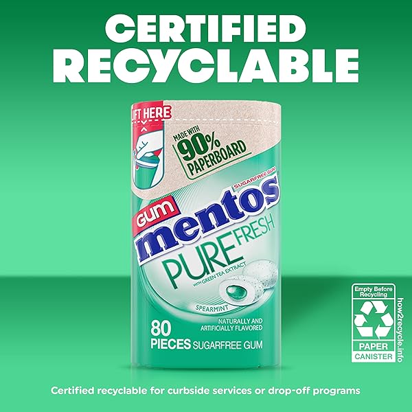 MENTOS PURE FRESH SPEARMINT SUGAR FREE CHEWING GUM WITH XYLITOL SWEETENER, PAPERBOARD BOTTLE, 80 PIECES