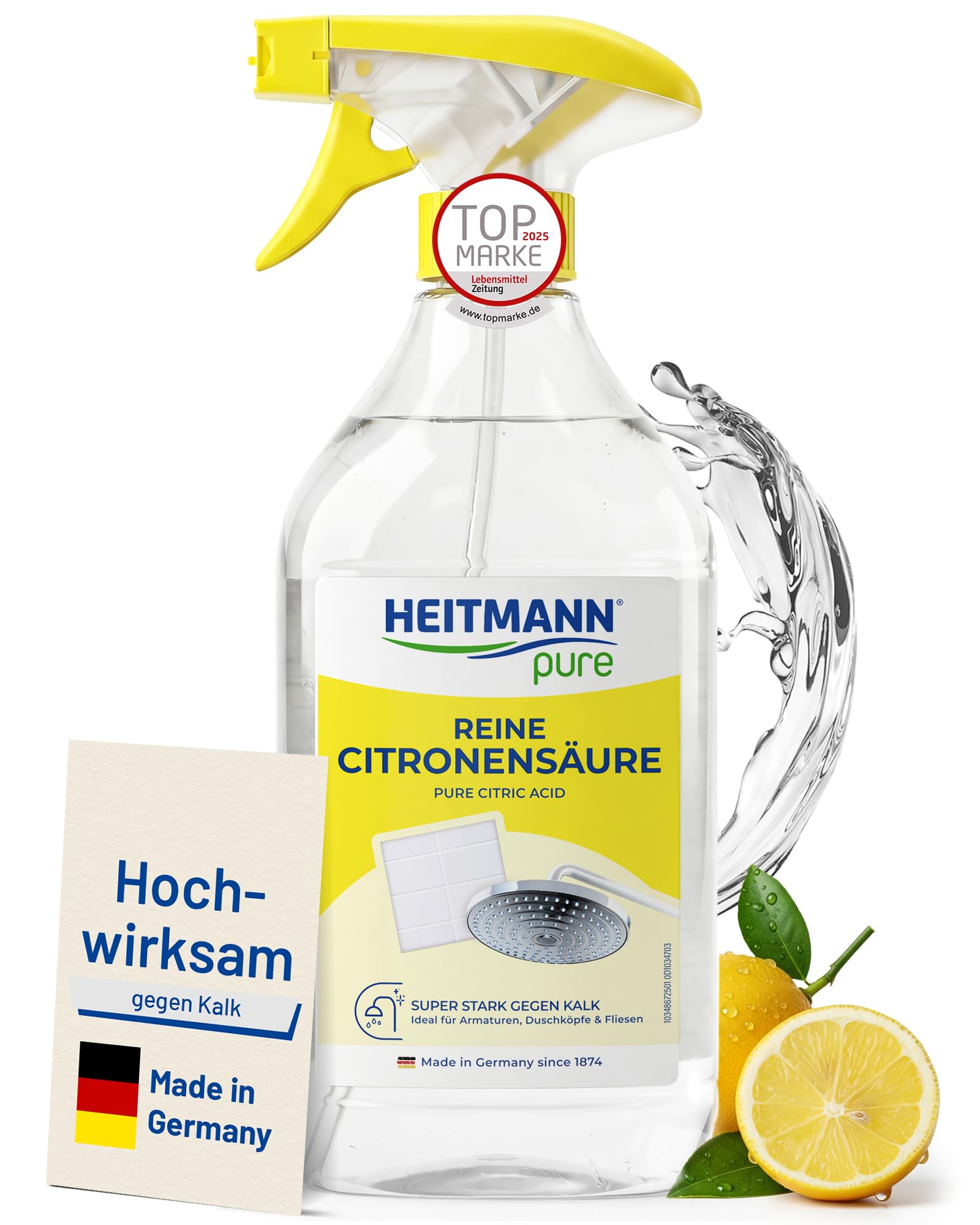 HEITMANN pure Reine Citronensäure 500ml | Effektiver Kalkentferner in Küche & Bad | 100% natürliche Zitronensäure | Idealer Entkalker Kaffeevollautomat, Wasserkocher & Waschmaschine