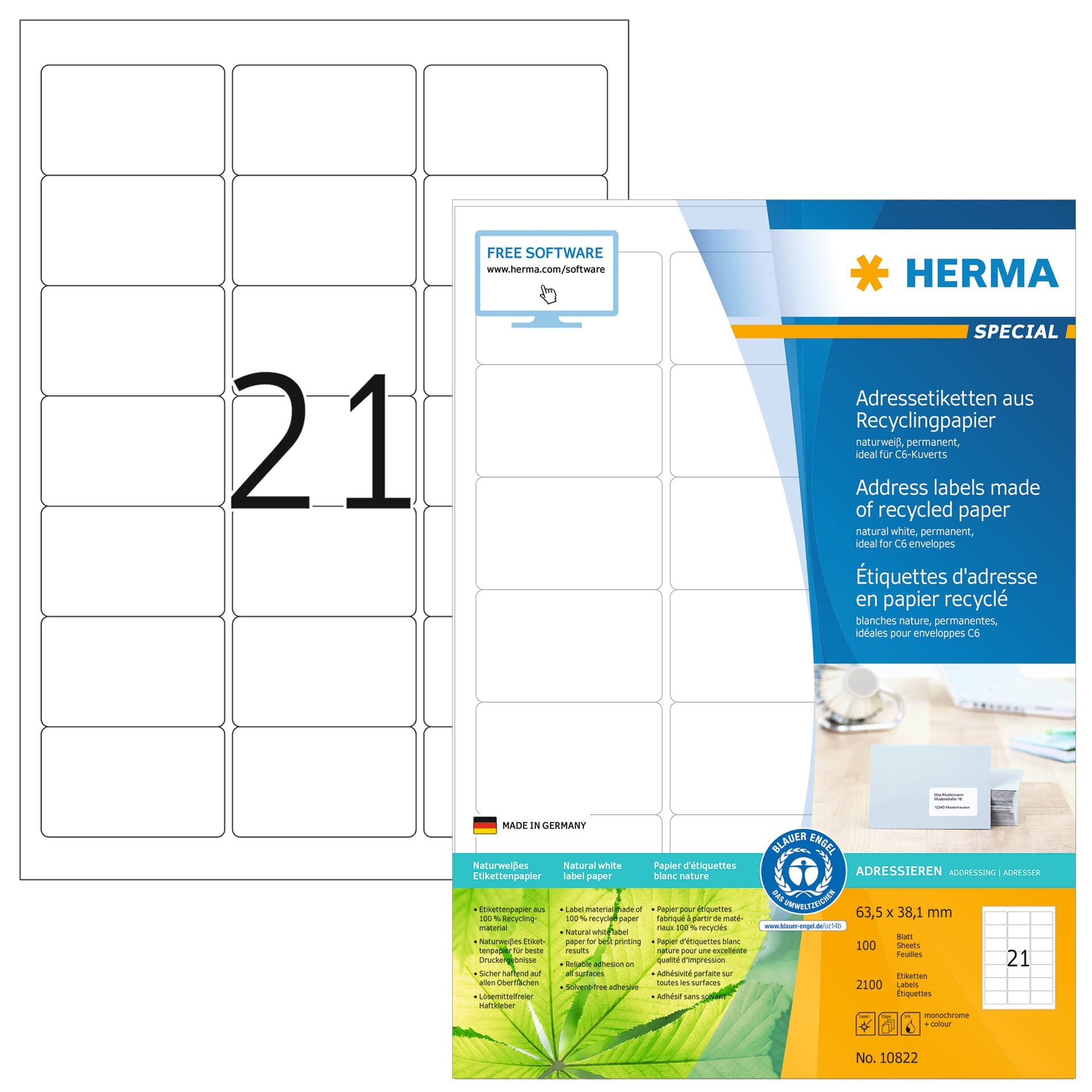 HERMA 10822 Self Adhesive Recycled Labels, 21 Labels Per A4 Sheet, 2100 Labels For Laser And Inkjet Printers,White, 63.5 x 38.1 mm