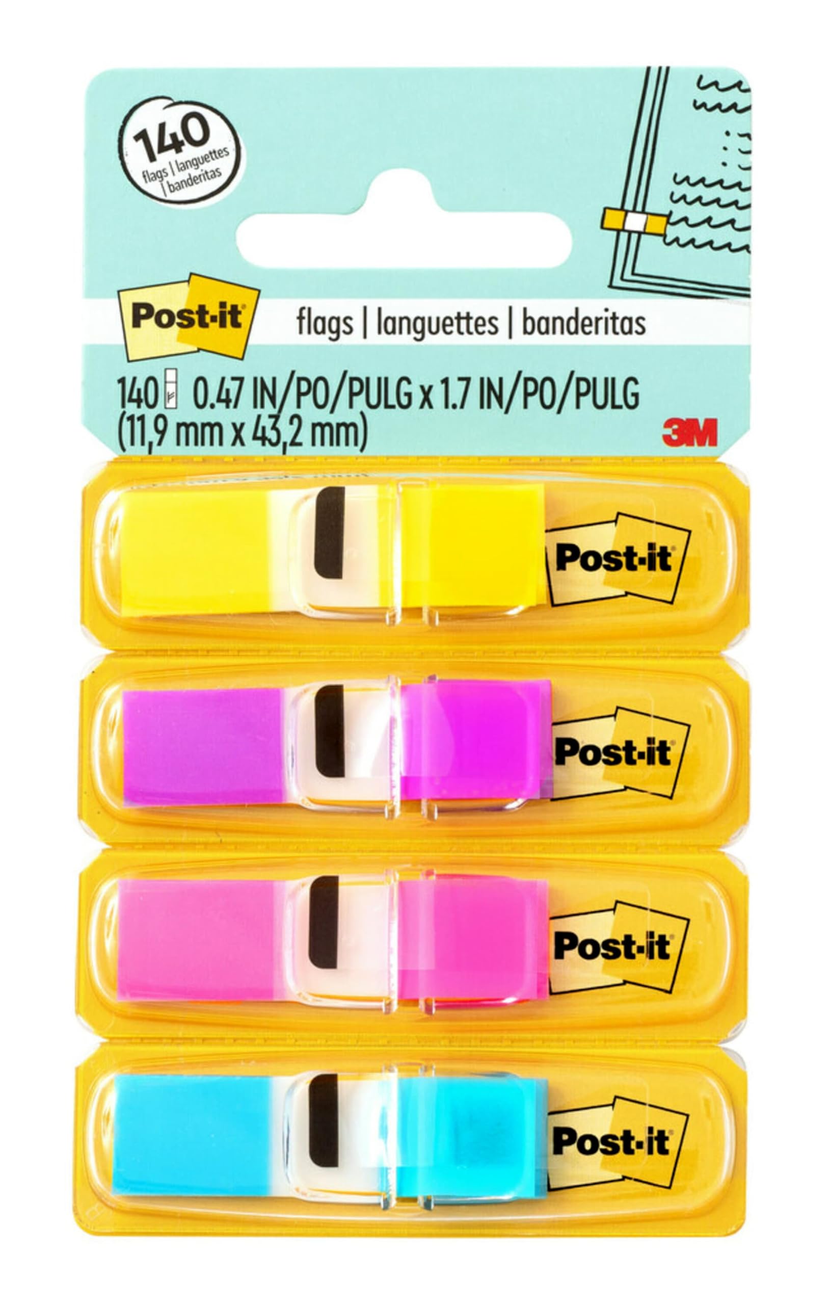 Post-it Index Small Flags, Pack of 4 Dispensers, 35 Flags per Dispenser,11.9 mm x 43.2 mm, Yellow, Purple, Pink, Blue Color - to Mark, Highlight or Color Code Important Information
