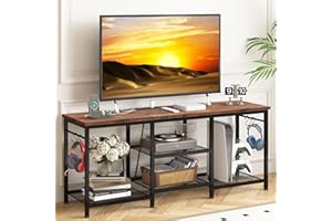 YGEOMER Entertainment Center for 55 Inch TVs, TV Stand with Power Outlet and Open Storage Shelves, TV Media Console Table for Living Room and Bedroom, Rustic Brown