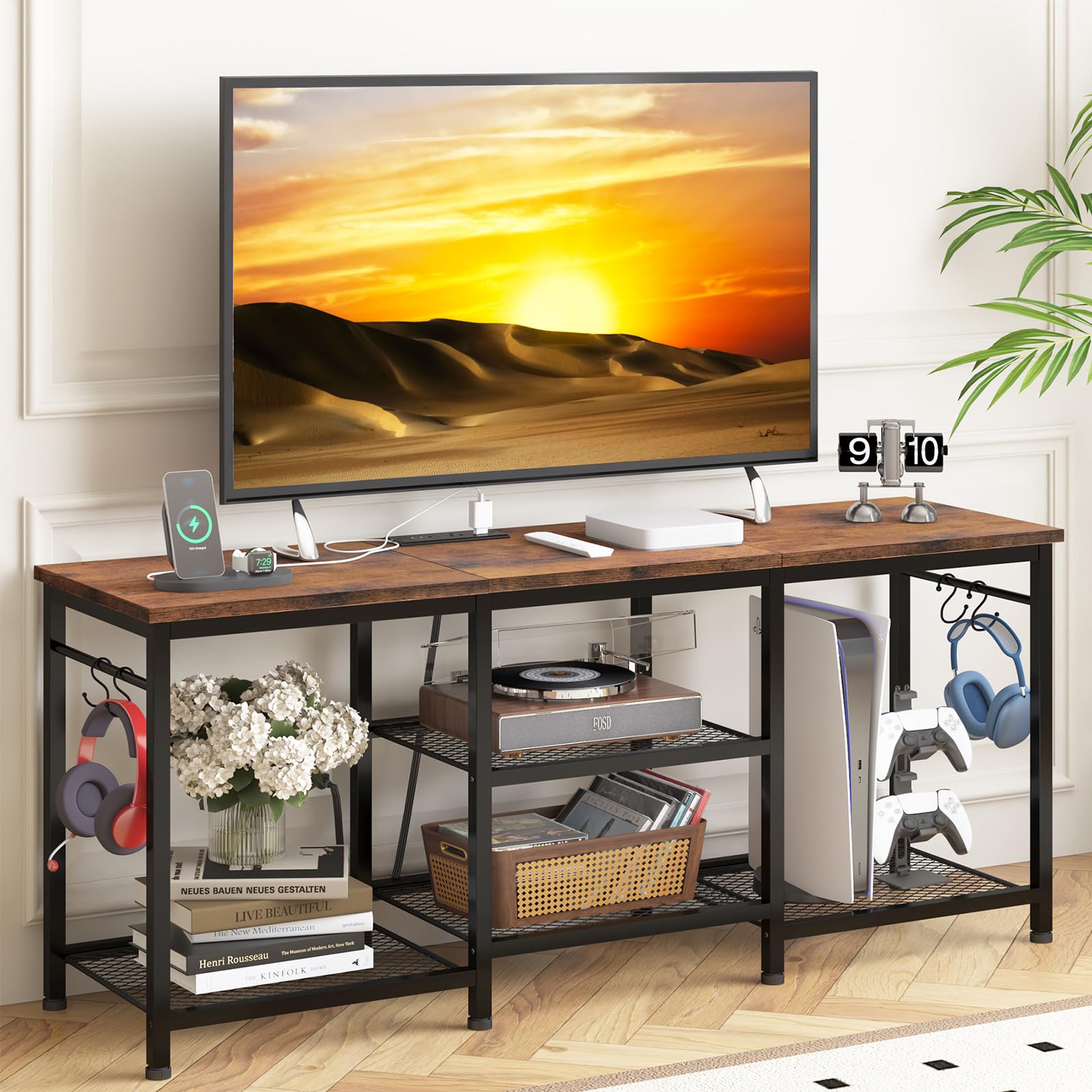 Photo 1 of YGEOMER Entertainment Center for 55 inch TVs, TV Stand with Power Outlet and Open Storage Shelves, TV Media Console Table for Living Room and Bedroom, Rustic Brown