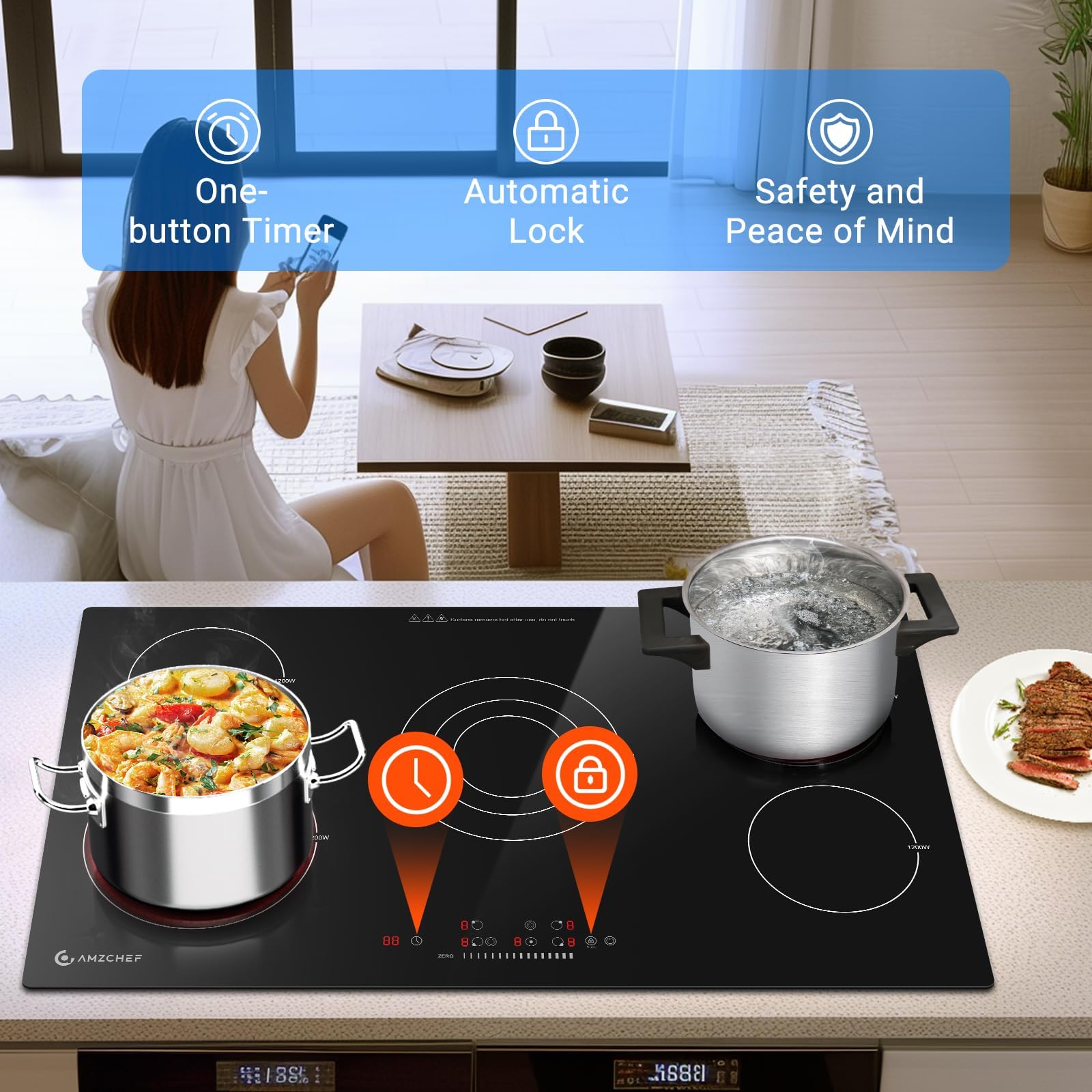 AMZCHEF 36 Inch Electric Cooktop 5 Burners, Upgraded 8900W Touch Control Built-in Ceramic Cooktop,9 Heating Level,Hot Surface Indicator,Chlid Lock,Timer, 220V~240V,Hard Wire(No Plug)
