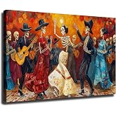 Mexican Wall Art, Day of The Dead, Dia De Los Muertos Celebration Traditional Painting Canvas Print Decor Ready To Hang (Framed,20×30 inch)