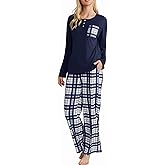 FLYCURVY Women's Pajama Sets 2 Piece Long Sleeve Sleepwear Soft Pj Set Loungewear Plaid Pjs with Pockets