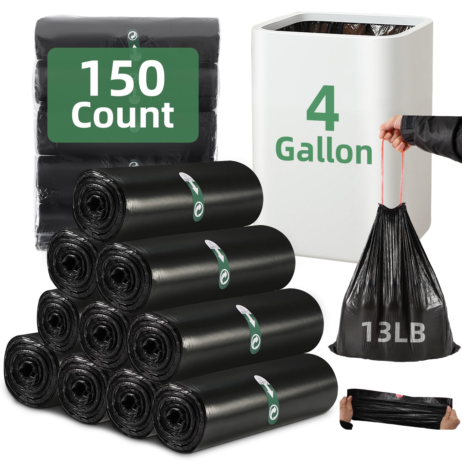 Photo 1 of 4 Gallon Small Trash Bags150 Counts Garbage Bags Extra Strong Drawstring Bathroom Trash Bags Small Garbage Bags Black Trash Bag for Bathroom Bedroom Office Kitchen Trash Can