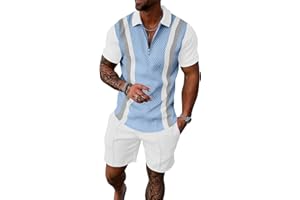 UOUA Mens Summer Track Suits 2 Piece Shorts Sets Short Sleeve Sweatsuit Outfits 1/4 Zip Golf Polo Splicing Striped Shirts