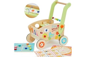 Frogprin Wooden Baby Walker, Baby Push Walker for 1-3, Toddler Shopping Cart for Girl and Boy Shape Sorting Grocery Cart Push & Pull Toy Adjustable Height Kids Learning Walker Montessori Toys