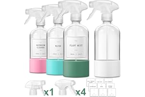 GM GMISUN GMISUN Glass Spray Bottles for Cleaning, Spray Bottles for Cleaning Solutions 16oz, Reusable Spray Bottle for Plants, 4Pack Clear Cleaning Spray Bottle - 4 No Leak Nozzles, Silicone Sleeve, Labels
