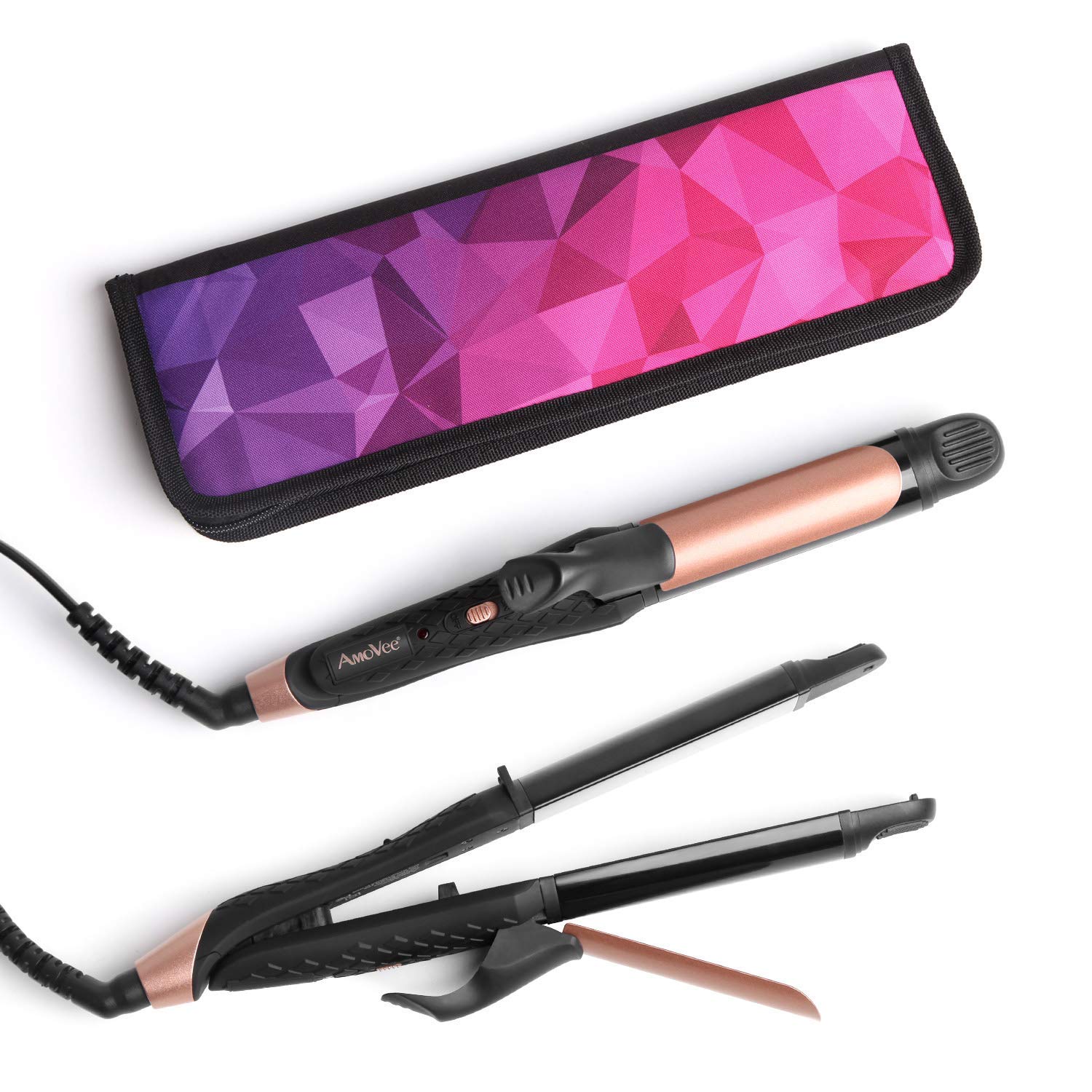 AmoVee Travel Curling Iron, 2 in 1 Flat Iron Mini Hair Straightener, Dual Voltage, 1 inch, Carry Bag Included, A Valentines Day Gift for Women (Black)