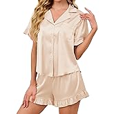 KFUBUO Silky Satin Pajamas for Women Set Short Sleeve Button Down 2 Piece Pjs Shorts Sets Soft Sleepwear Loungewear