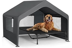 Veehoo Extra Large Dog House Outdoor with Elevated Dog Bed, Outside Dog Tent 4.1'x4.1'x3.3', Weatherproof Dog Shade Shelter and Raised Bed Combo for Pets or Stray Animals, Grey, CWC2530CP