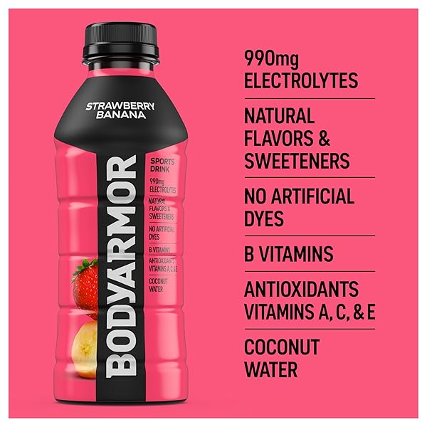 BODYARMOR SPORTS DRINK SPORTS BEVERAGE, STRAWBERRY BANANA, COCONUT WATER HYDRATION, NATURAL FLAVORS WITH VITAMINS, POTASSIUM-PACKED ELECTROLYTES, PERFECT FOR ATHLETES, 20 FL OZ (PACK OF 6)