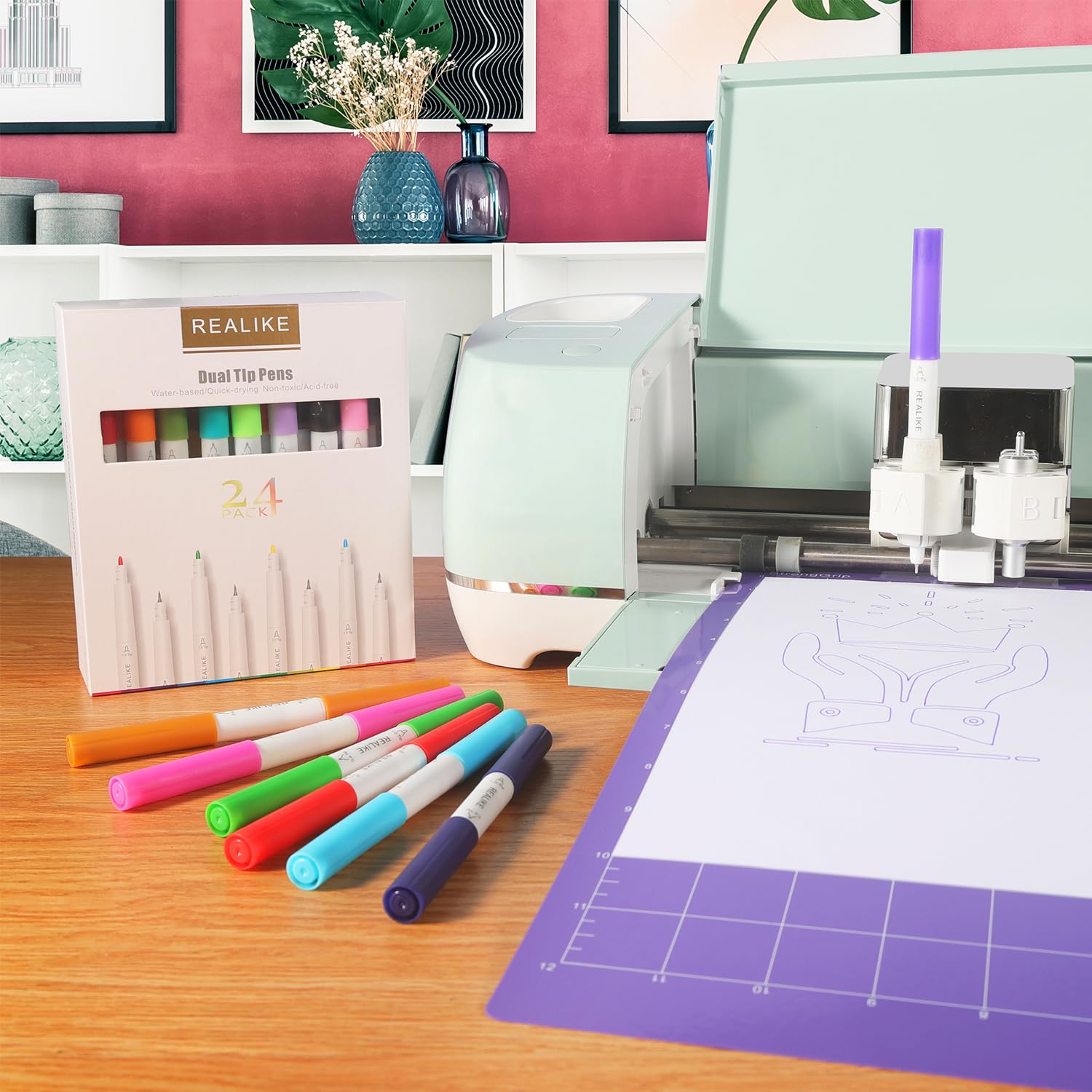 REALIKE Dual Tip Pens Compatible with Cricut Maker 3/Maker 4/Maker/Explore 3/4/Air 2/Air, Dual Tip Marker Pens Set of 24 Pack Fine Point Pen Writing Drawing Pens (0.4 Tip & 1.0 Tip)
