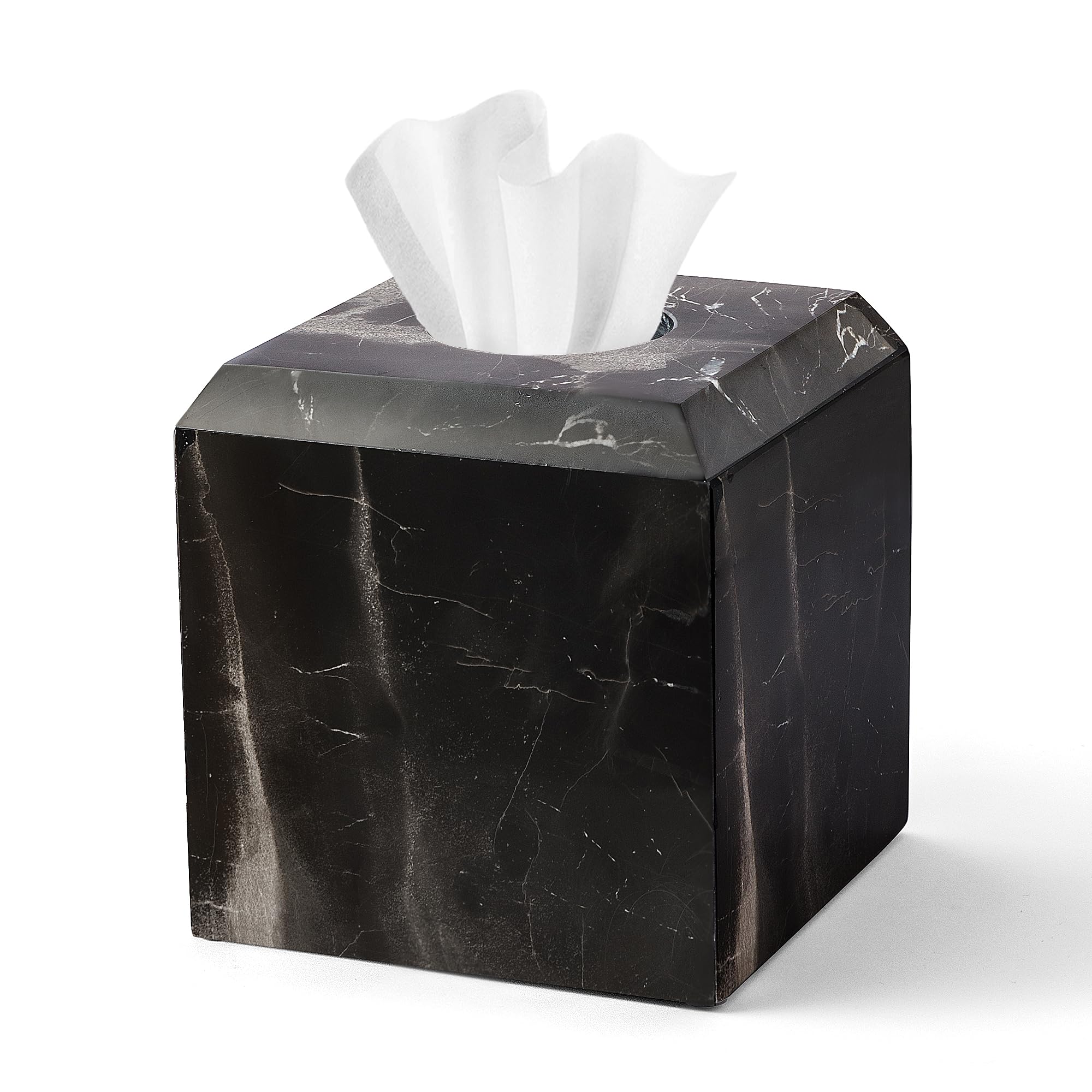 WORHE Tissue Box Cover Italy Natural Marble Heavy Duty Square Facial Toilet Paper Holder for Bathroom Living Room Bedroom Dresser Kitchen Minimalistic Office Home Decor Black WH013