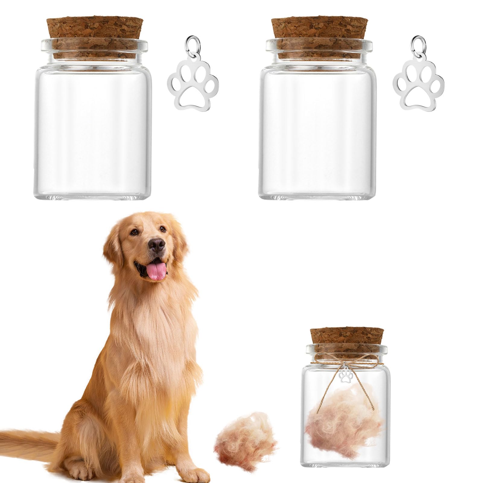 Hair Pet Keepsake Bottle, 2 PCS Memorial Bottle with Pawprint Charm for Dogs, Cats, Horses, Small Mammals (3.7cm x 5cm)