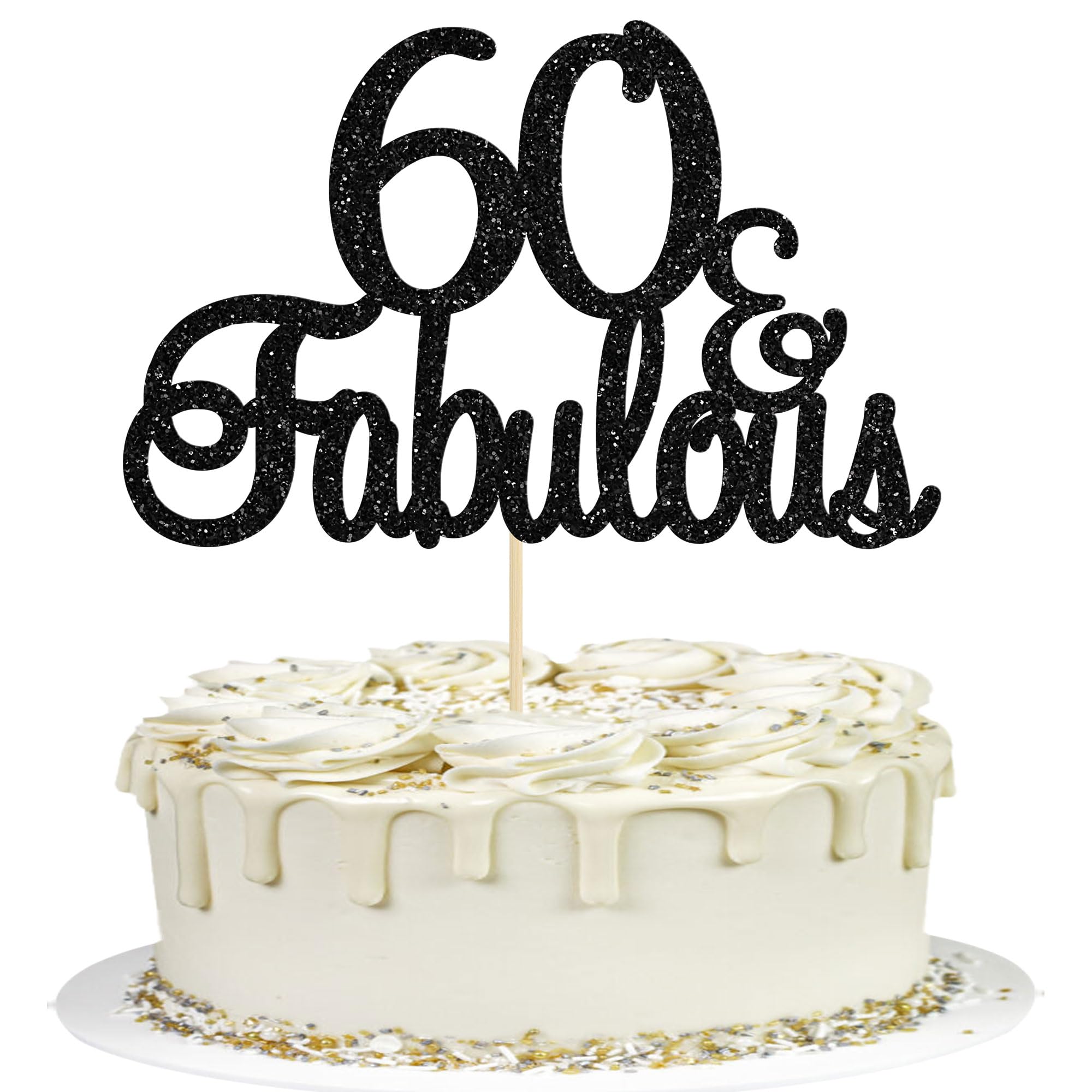 Gyufise Black Glittery 60 & Fabulous Birthday Cake Topper for 60th Birthday Party Decorations 60 Birthday Cake Decorations Supplies 3 Pack