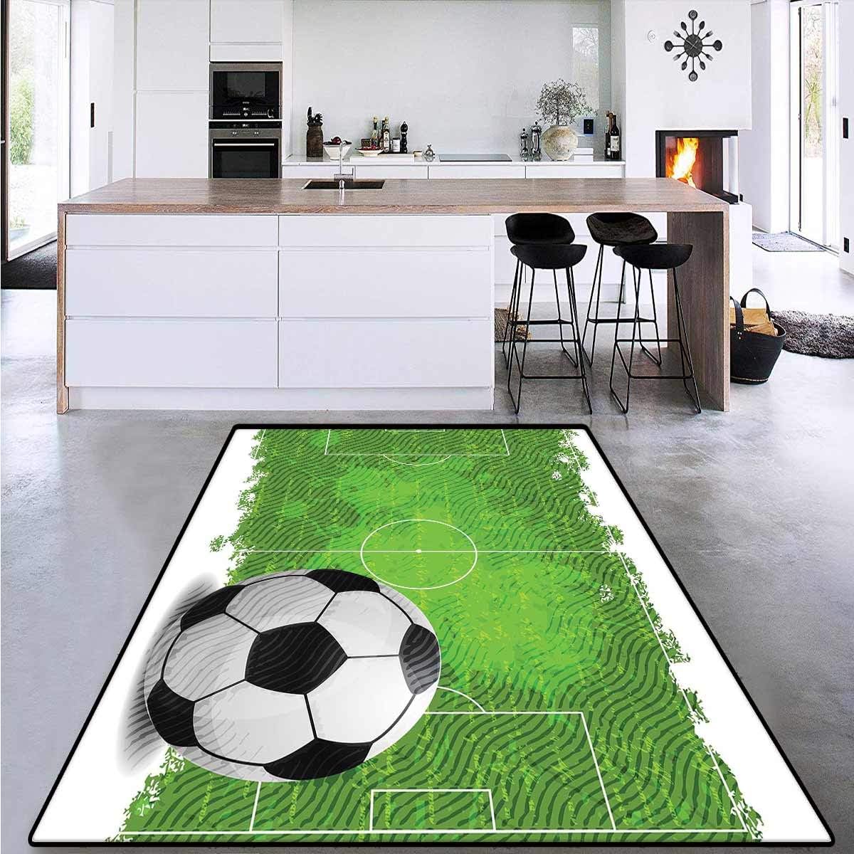 Soccer, Kids Carpet Playmat Rug, Grunge Worn Looking Pitch Pattern Football Six Yard Box Vintage Illustration, Area Rug Dorm Room 6'6" x 10' Green Black White