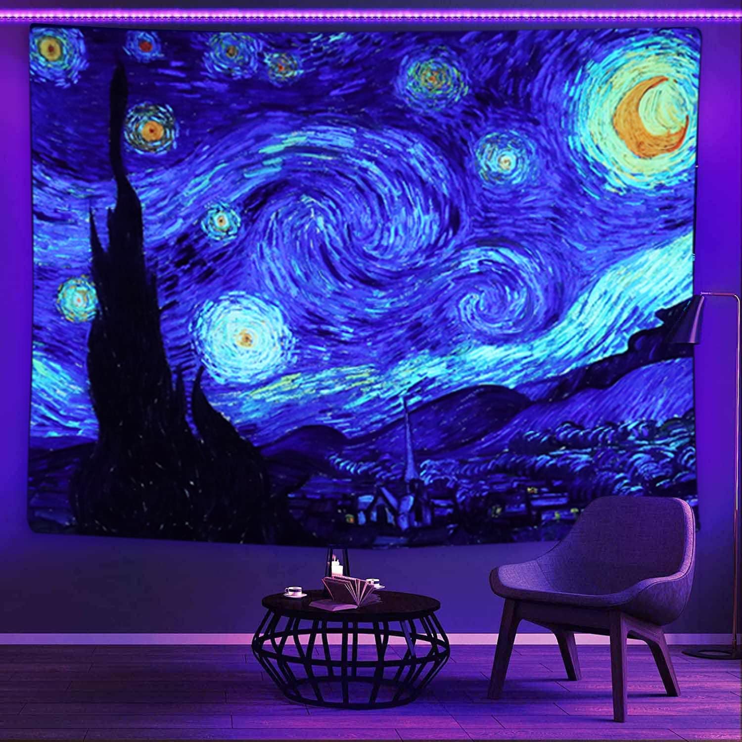 Tapestries - Sinsoledad Blacklight Tapestry Starry Night by Van Gogh Wall Art Decor for Bedroom Aesthetic, Abstract Hippie Trippy Wall Hanging UV Reactive Fabric Poster for Living Room Dorm Décor