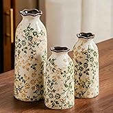 Luetcattus Ceramic Vase Set of 3, Vintage Green and Beige Vases Set for Home Decor, Chinoiserie Floral Decorative Vase for Living Room, Bookshelf, Office (5.9"+7.9"+9.8")