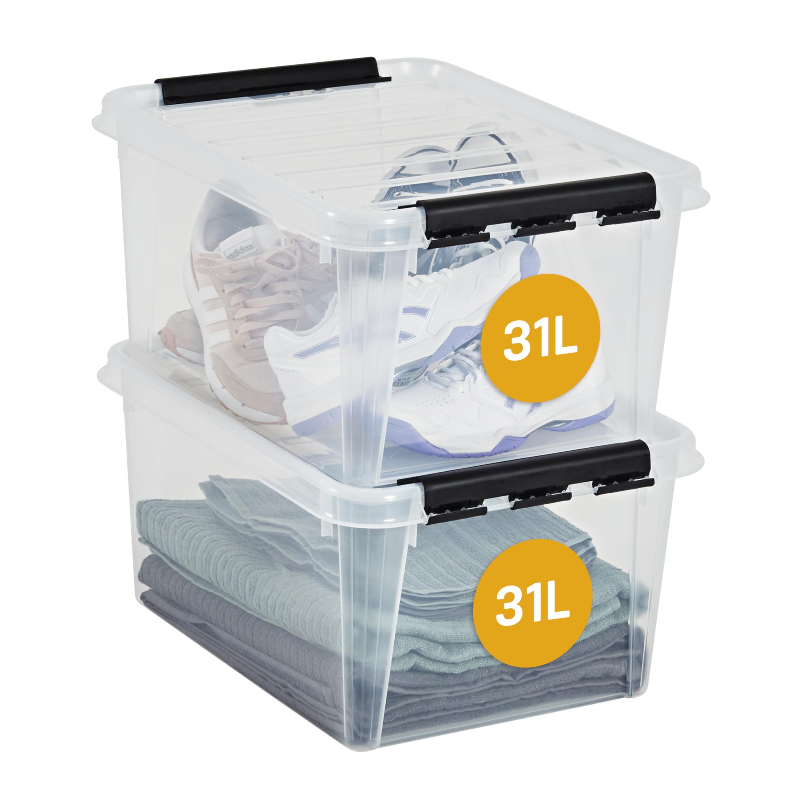 SmartStore 31L Clear Plastic Large Storage Boxes With Lid, 2 Pack, Reinforced, 10 Year Guarantee, Food Safe, Clip Locked, Stackable and Nestable, BPA Free L50 x W39 x H26 cm