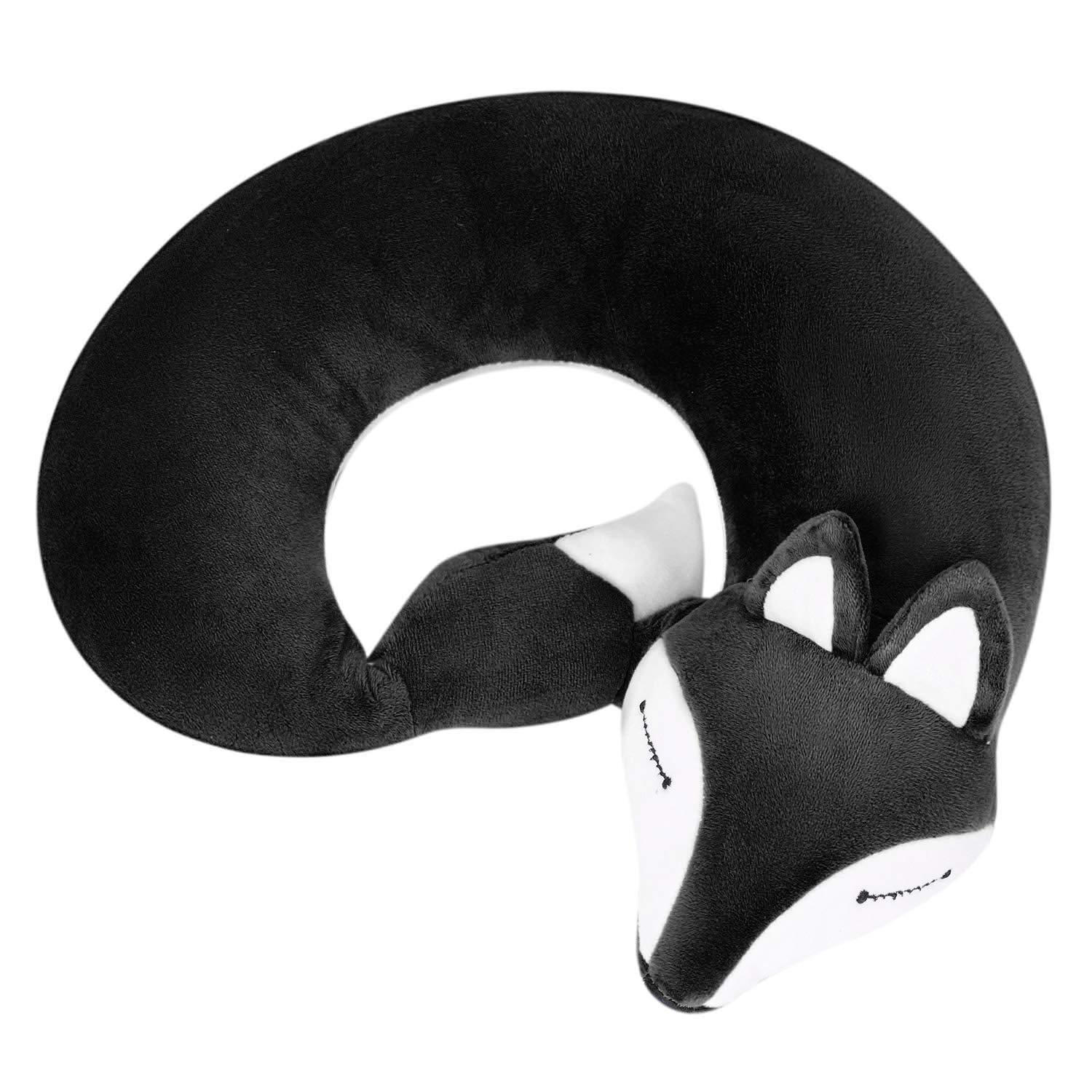 IBLUELOVER Cute Fox Travel Neck Pillow U-Shaped Cartoon Animal Neck Cushion Soft Comfortable Neck Support Rest Pillow for Airplane Car Camping Sleep and Office Snap (Black)