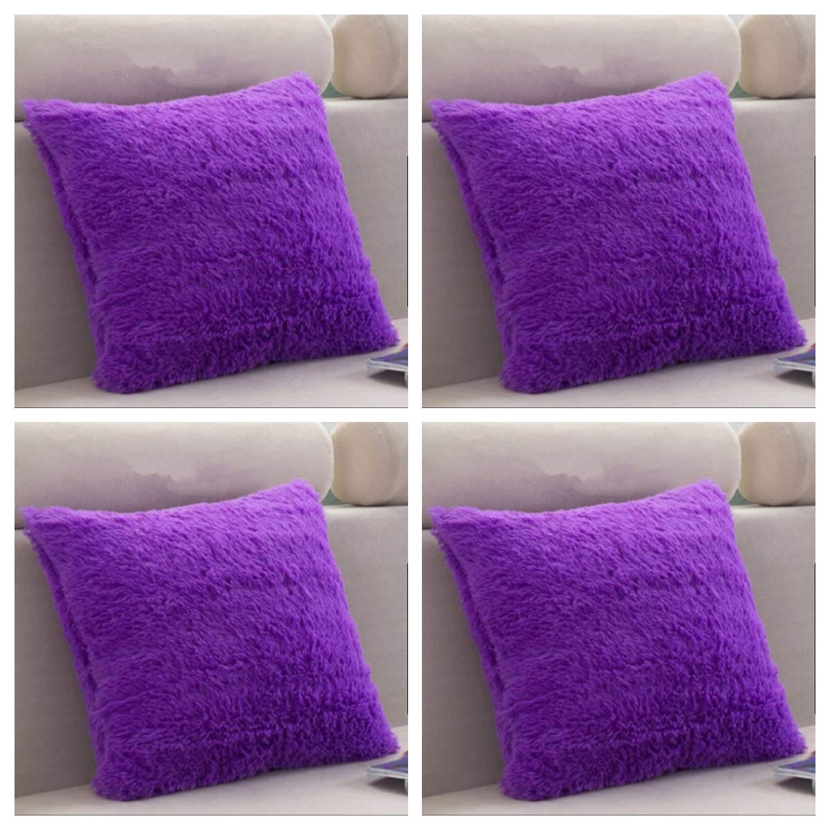 SET OF 4 - Extra Soft Teddy Bear Faux Fur Fleece Cushion Covers 45cm x 45cm / 18x18-14 Amazing Colours (Purple)