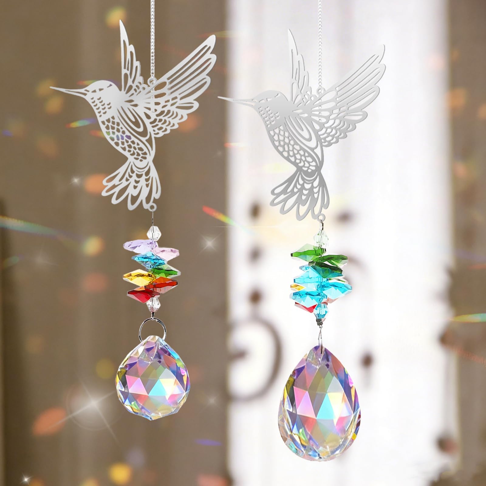 EEEKit 2PCS Hummingbird Suncatchers, Rainbow Maker Crystal Prism Suncatcher, Window Hanging Ornament for Outdoor Indoor Home Garden Party Decoration, Gifts for Mum
