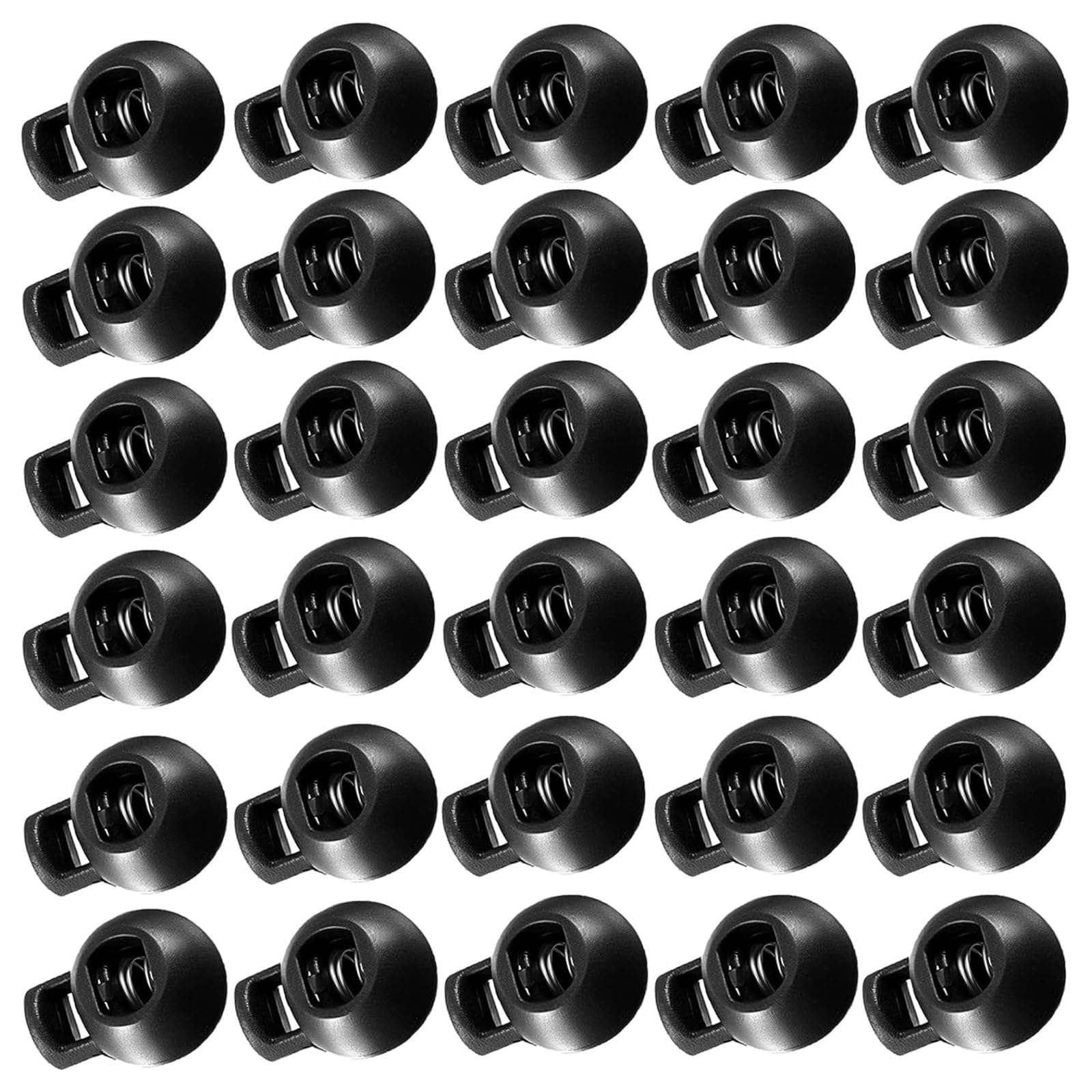30Pcs Ball Shape Plastic Cord Locks End Spring Toggle Stopper, Single Hole Elastic Cord Adjuster, Suit for Hat Straps, Drawstrings, Bags, Shoelaces, Clothing, Paracord, and more