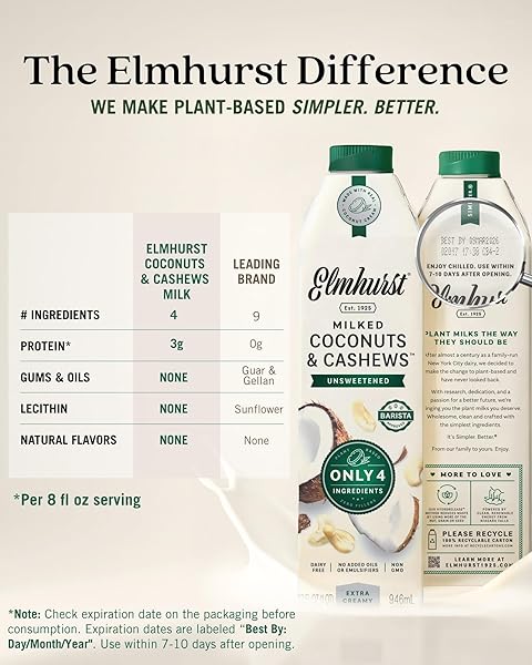 ELMHURST 1925 UNSWEETENED COCONUT & CASHEW MILK – 32 OUNCE DAIRY-FREE, GLUTEN-FREE, VEGAN, SHELF STABLE MILK MADE W/COCONUT CREAM & CASHEWS FOR HEALTHIER, SIMPLER PLANT-BASED ALTERNATIVES
