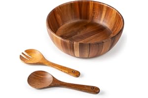 BILL.F Wooden Serving Bowl,12" Acacia Wood Large Salad Bowl Set with Salad Spoon and Fork for Fruits, Salads, Pasta