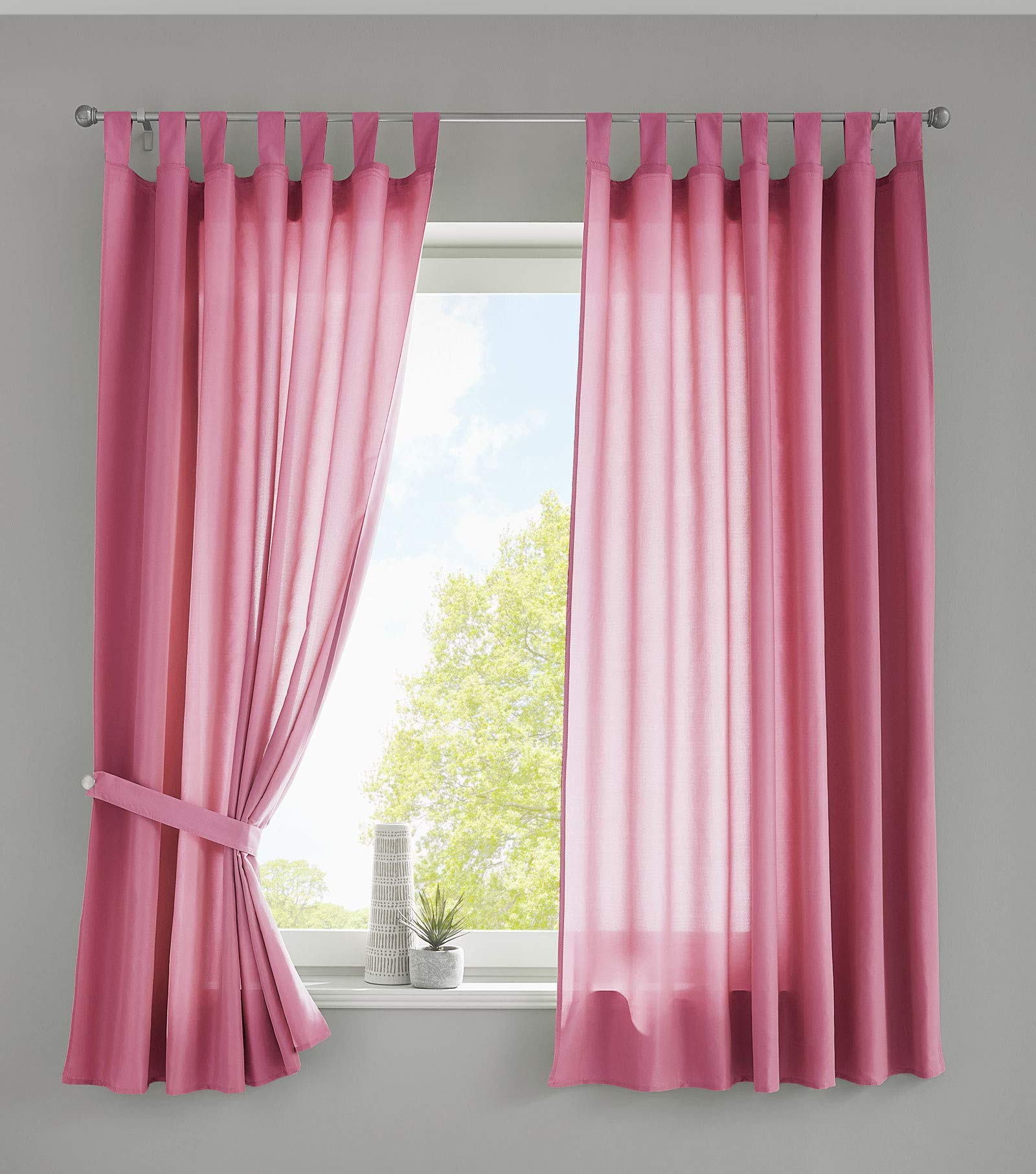 Gardinenbox Set of 2 Curtains with Loops, Opaque, Microsatin, Translucent, Ruffle Tape, Plain Matt, 100% Polyester, Pink, H x W 175 x 140 cm