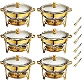 FERAHI Gold Chafing Dishes for Buffet Set of 6, 5QT Round Chafing Dish Buffet Set, Chafer and Buffet Warmer Set, Stainless Steel Food Warmer for Parties Buffet, Party Food Warmer Buffet Set with Tongs