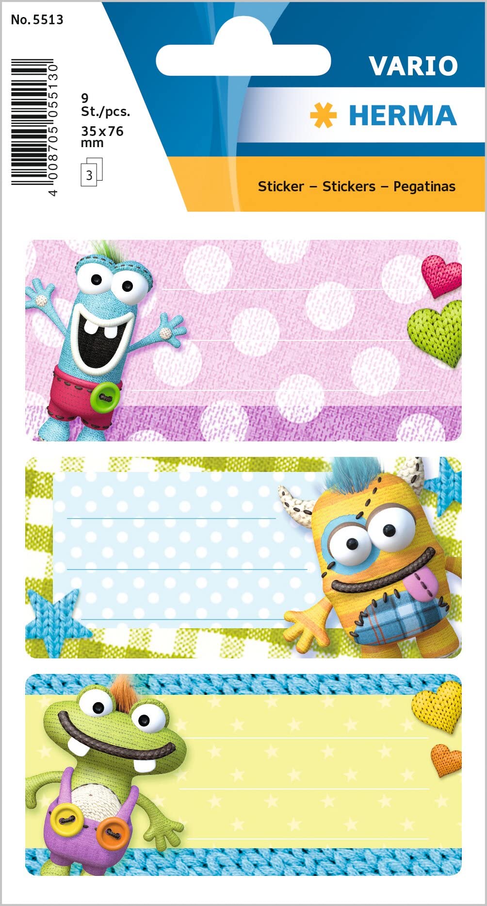 Herma 5513 Name Labels for School Stapler, Little Monsters Motif 7 x 6 x 3, 5 cm/Capacity: 9 Labels